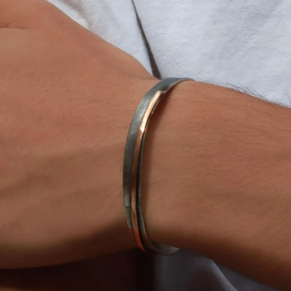Otantik El İşi Sade Rose Gold Çizgili Kelepçe ürün görseli 1