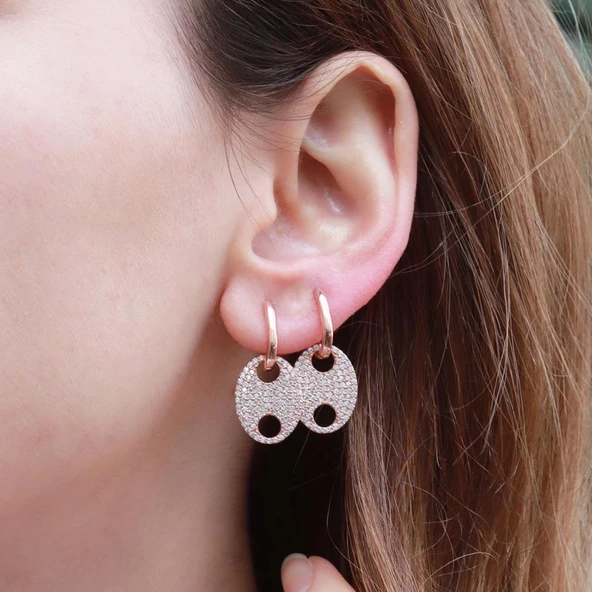 Düğme Modeli Zirkon Taşlı Rose Gold Kaplama Gümüş Küpe ürün görseli 1