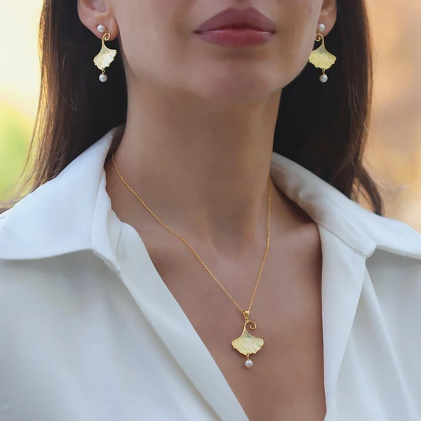 İstiridye İncili Sarkıt Gold Gümüş Set ürün görseli 1
