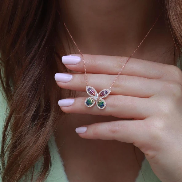 Beyaz Zirkon Taşlı Renkli Kelebek Model Rose Gold Kaplama Gümüş Kolye ürün görseli 1