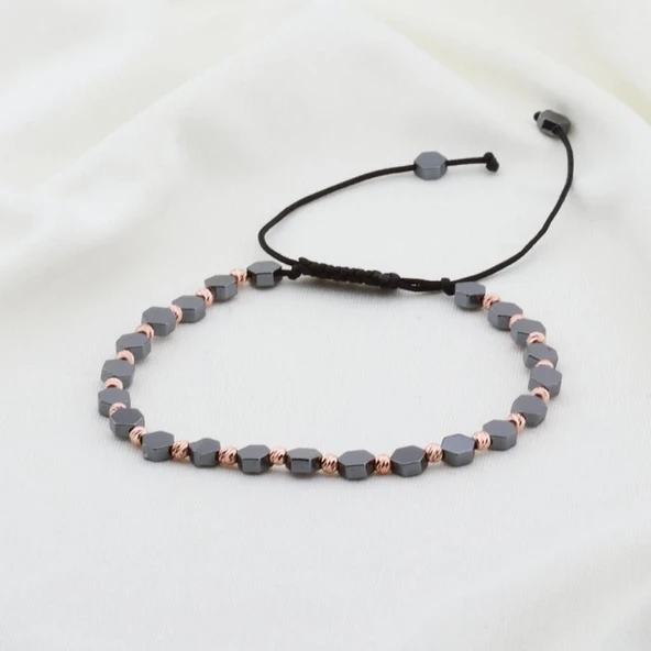 Hematit Taşlı Altıgen Rose Gold Kaplama Gümüş Makrome Erkek Bilekliği ürün görseli 1
