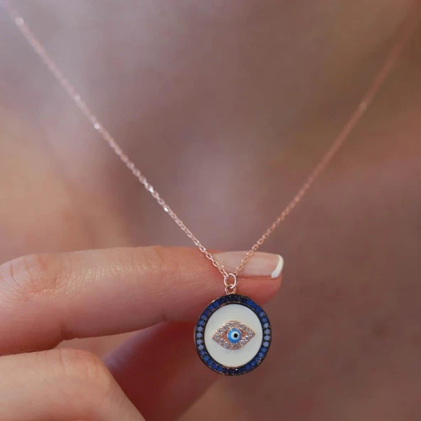 Göz Model Degrade Zirkon Taş Çerçeveli Rose Gold Kaplama Gümüş Kolye ürün görseli 1
