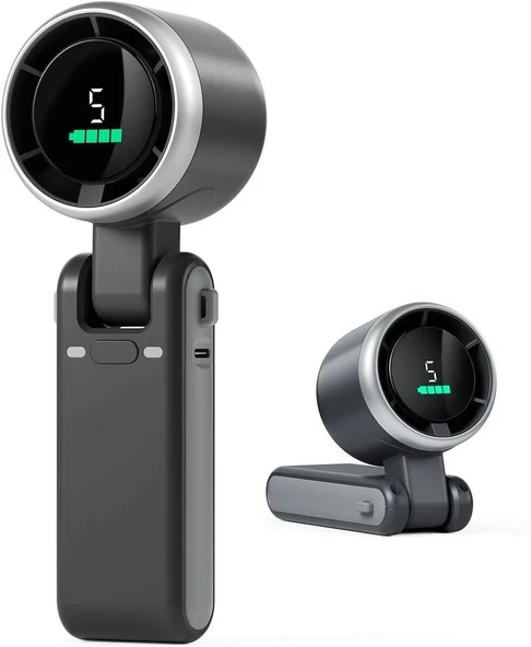 Dijital Göstergeli Katlanabilir Şarjlı El Fanı Siyah 12000 RPM 5 Kademeli USB-C Taşınabilir Mini Vantilatör Boyun Askılı Masaüstü Fan ürün görseli 1