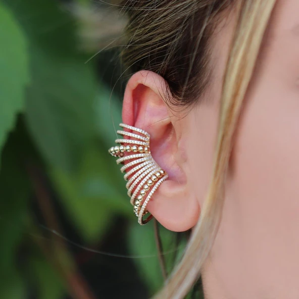 Ear Cuff Zirkon Taşlı Gold Kaplama Gümüş Küpe ürün görseli 1