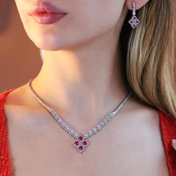 Kare Montür Ruby  Gümüş Set - Resim 4