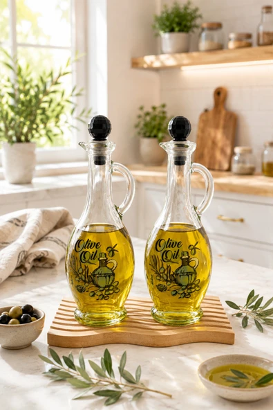 Countra Cam Yağdanlık Sirkelik Seti Bambu Altlıklı 2’li Siyah Kapaklı Cam Yağ Şişesi 500 ml ürün görseli 1