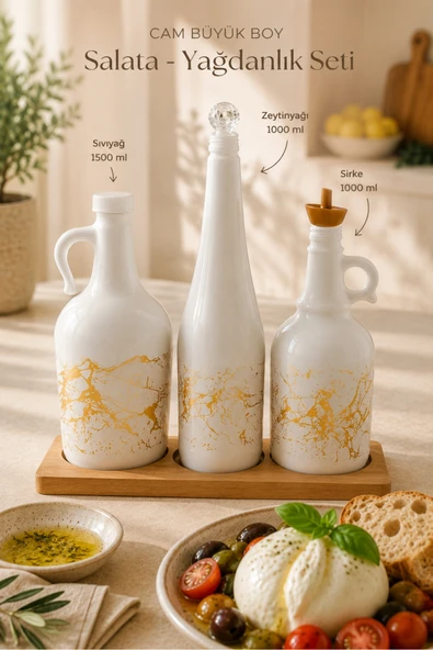 Countra Cam Büyük Boy Salata Yağdanlık Seti 3’lü Ahşap Standlı 1500 ml – 1000 ml ürün görseli 1