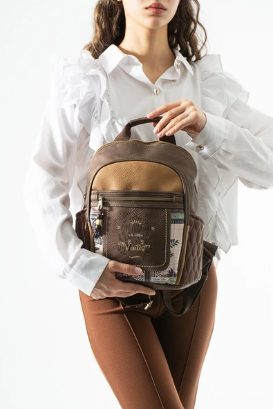 Ventis Amazing Vintage Kadın Sırt El Çantası Çok Bölmeli Desenli Tasarım Kapitone Kahverengi Model: 571-21F ürün görseli 1