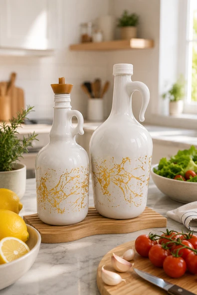 Countra Bambu Standlı Cam Yağdanlık ve Sirkelik Seti Beyaz Gold Desenli 1500 ml – 1000 ml ürün görseli 1