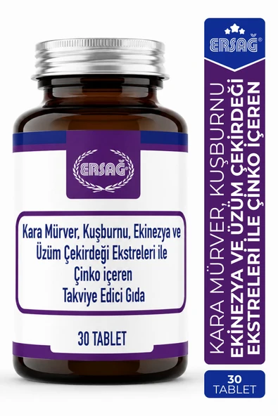 ERSAĞ Kara Mürver Kuşburnu Ekinezya Üzüm Çekirdeği ve Çinko İçeren Takviye Edici Gıda 30 Tablet ürün görseli 1