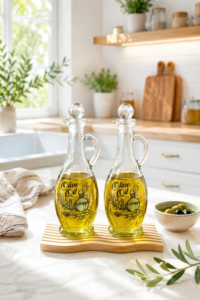 Countra Cam Yağdanlık Sirkelik Seti Bambu Altlıklı 2’li Cam Yağ Şişesi 500 ml ürün görseli 1