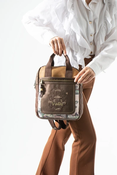 Ventis Amazing Vintage Kadın Sırt El Çantası Çok Bölmeli Desenli Tasarım Kapitone Kahverengi Model: 571-21E ürün görseli 1