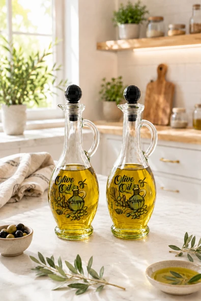 Countra 2’li Cam Yağdanlık Sirkelik Seti Kristal Siyah Kapaklı Cam Yağ Şişesi 500 ml ürün görseli 1