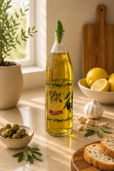 Countra Cam Zeytinyağı Şişesi Yağdanlık – Kontrollü Akıtıcı Başlıklı 1 Litre ürün görseli 1