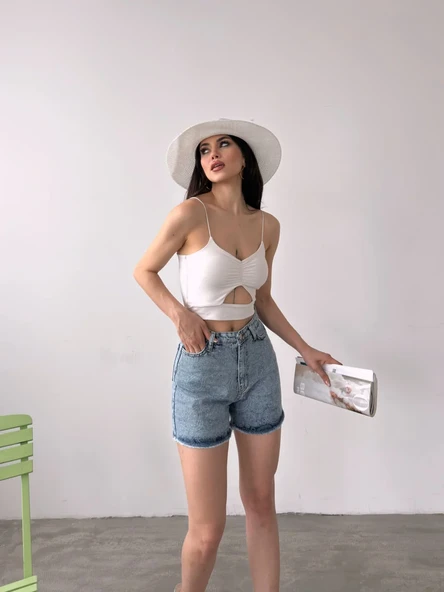 Paçası Püsküllü Desenli Denim Şort - Resim 5