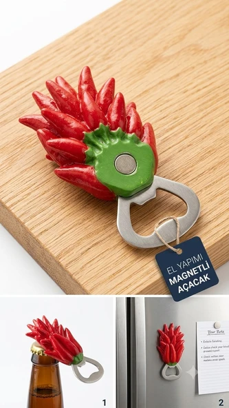 Mıknatıslı Magnet Açacak - El Yapımı Buzdolabı Magneti Kırmızı Acı Biber Tasarımlı Mıknatıslı Magnet Açacak- ürün görseli 1
