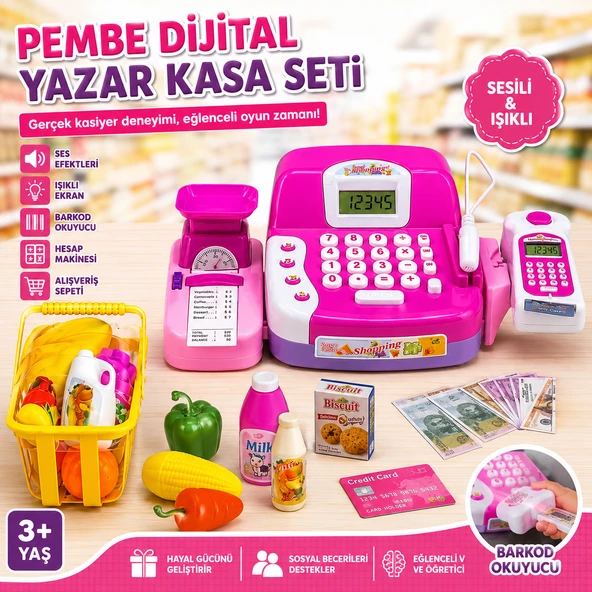Pembe Dijital Yazar Kasa Oyuncak Seti Sesli Işıklı Kasiyer Market Oyunu Barkod Okuyuculu ürün görseli 1