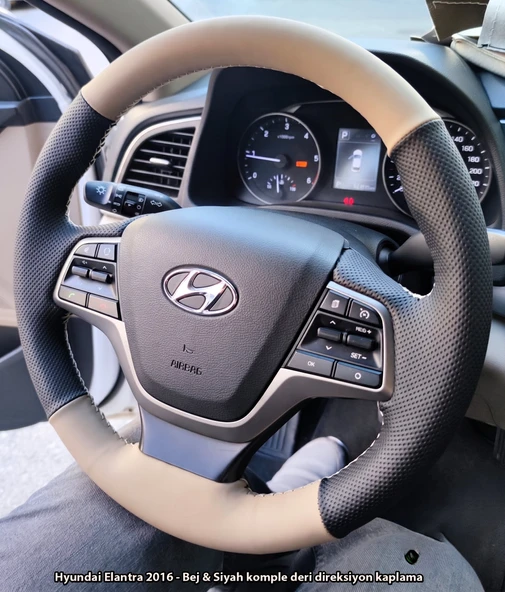 Hyundai Elantra 2016-2019 Araca Deri Direksiyon Kılıfı NOKTA KREM DERİ KREM İPLİ ürün görseli 1