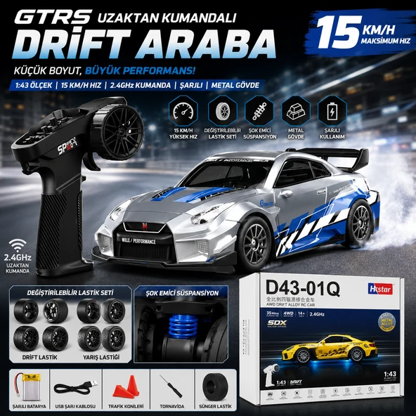 GTRS Uzaktan Kumandalı 1:43 Metal Drift Araba 15 KM/H Hız Şarjlı RC Yarış Arabası Drift ürün görseli 1