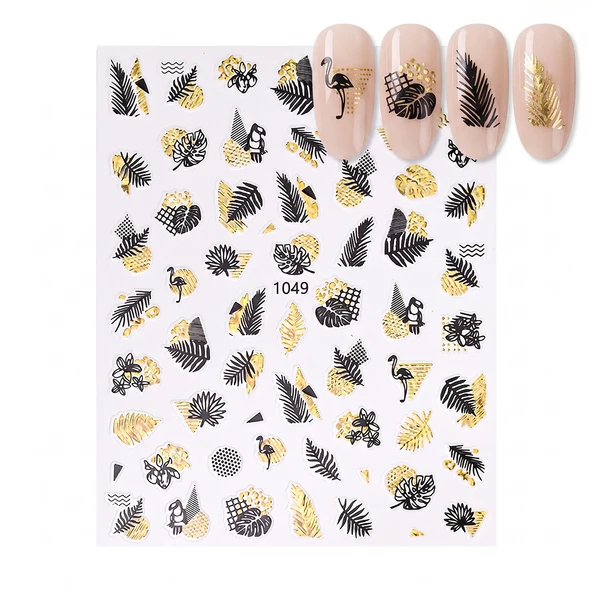 Gold Yaprak ve Kuş Çizim Tırnak Sticker Tırnak Etiketi Nail Art JO-1049G ürün görseli 1
