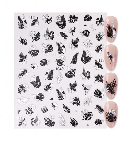 Silver Yaprak ve Kuş Çizim Tırnak Sticker Tırnak Etiketi Nail Art JO-1049S ürün görseli 1