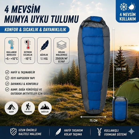 4 Mevsim Mumya Tip Uyku Tulumu -10°C Konforlu Kamp Uyku Tulumu Yıkanabilir MAVİ ürün görseli 1