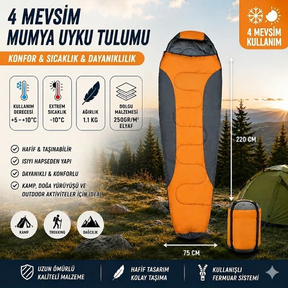 4 Mevsim Mumya Tip Uyku Tulumu -10°C Konforlu Kamp Uyku Tulumu Yıkanabilir TURUNCU ürün görseli 1