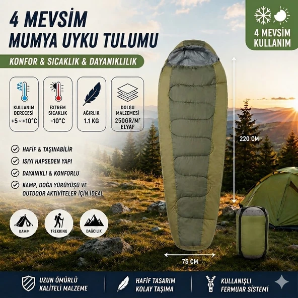 4 Mevsim Mumya Tip Uyku Tulumu -10°C Konforlu Kamp Uyku Tulumu Yıkanabilir YEŞİL ürün görseli 1