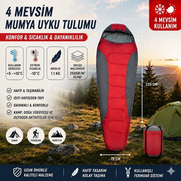 4 Mevsim Mumya Tip Uyku Tulumu -10°C Konforlu Kamp Uyku Tulumu Yıkanabilir KIRMIZI ürün görseli 1