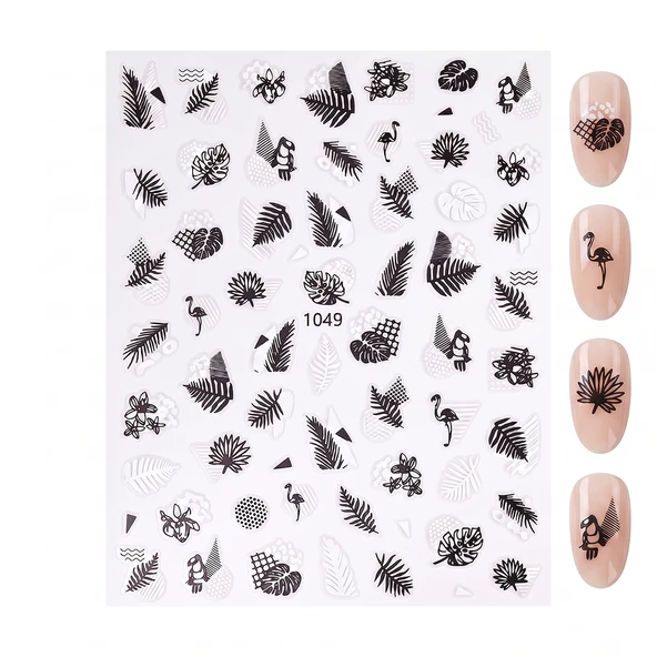Siyah Beyaz Yaprak ve Kuş Çizim Tırnak Sticker Tırnak Etiketi Nail Art JO-1049W ürün görseli 1