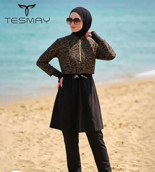 Tesmay 3052 Siyah  Spor lycra Tam Boy Tasarım Tesettür Mayo ürün görseli 1