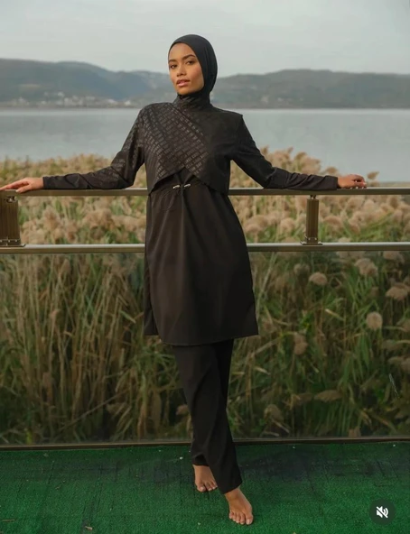 Tesmay 3057 Siyah  Spor lycra Tam Boy Tasarım Tesettür Mayo ürün görseli 1