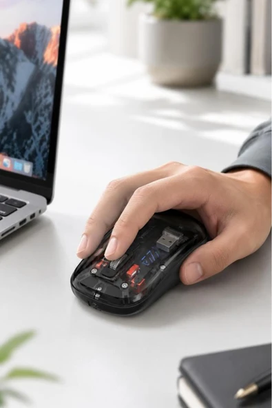 Şeffaf Çift Modlu Fare Bluetooth 5.2 + 2.4G Kablosuz Mouse TM23 Siyah - Resim 3