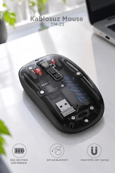Şeffaf Çift Modlu Fare Bluetooth 5.2 + 2.4G Kablosuz Mouse TM23 Siyah ürün görseli 1