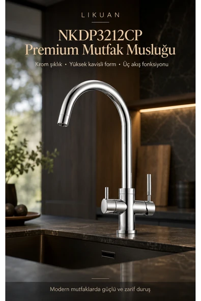 NKDP3212CP Premium Krom 3 Akışlı Mutfak Musluğu Filtreli İçme Suyu ürün görseli 1