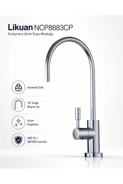 Likuan NCP8883CP Premium Krom İçme Suyu Arıtma Musluğu Led’siz Kuğu Boyun ürün görseli 1