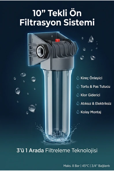 10” Tekli Ön Filtrasyon Sistemi 3in1 Kireç,Tortu, Klor Giderici Su Giriş Filtresi ürün görseli 1