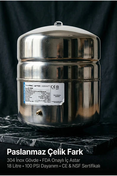 PAE S-1800 Tank Silver 4,8 Galon (18 Litre) Paslanmaz Çelik Ters Ozmoz Su Depolama Tankı ürün görseli 1