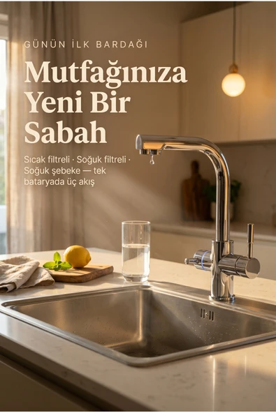 Likuan Akıllı 3 Yollu Tri-Flow Mutfak Bataryası | Sıcak/Soğuk Filtreli + Şebeke | LED Renk Göstergeli L-Tipi Krom ürün görseli 1