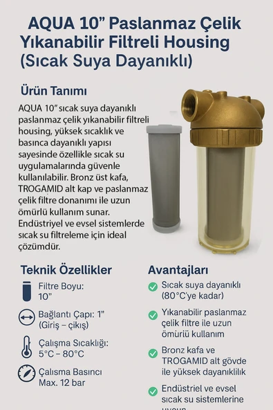 AQUA 10” Sıcak Suya Dayanıklı Bronz Housing – Paslanmaz Çelik Yıkanabilir Filtreli ürün görseli 1