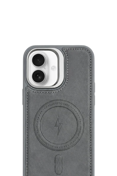 iPhone 17 GripStand MagSafe Deri Kılıf Gri - Resim 3