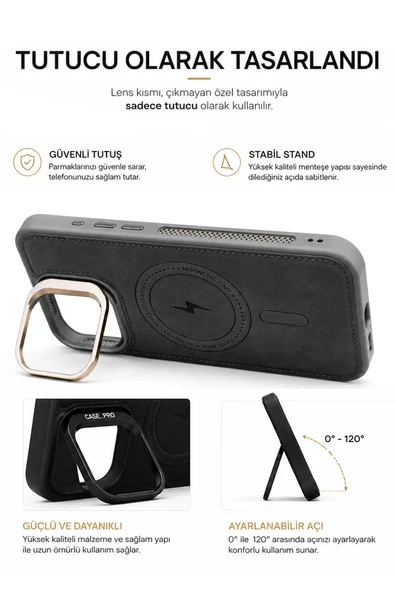 iPhone 17 GripStand MagSafe Deri Kılıf Gri - Resim 2