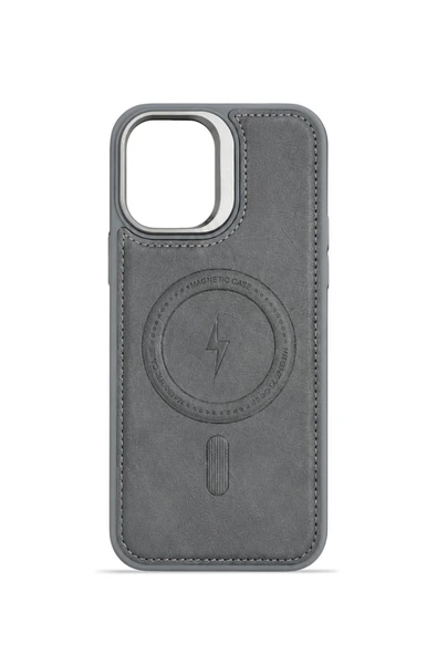 iPhone 17 GripStand MagSafe Deri Kılıf Gri - Resim 4