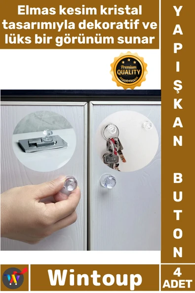 #Buton Dekoratif Şık Dolap Kulp Sifon 4 Adet Kristal Tasarımlı Çok Amaçlı Yapışkanlı Tutacak Buton ürün görseli 1