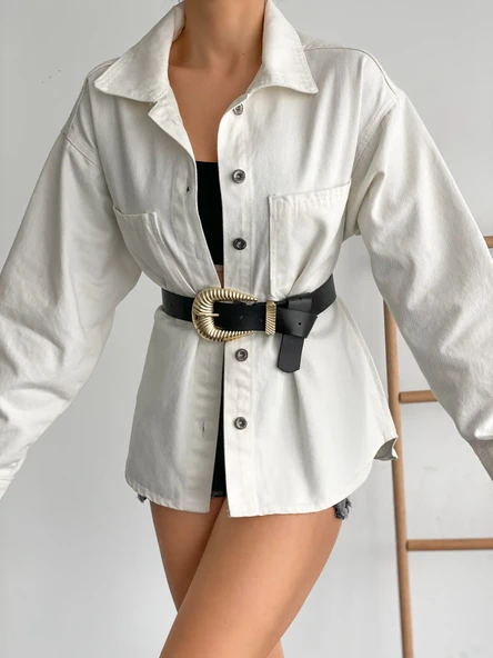 Çift Cepli Oversize Denim Gömlek Ceket - Resim 2