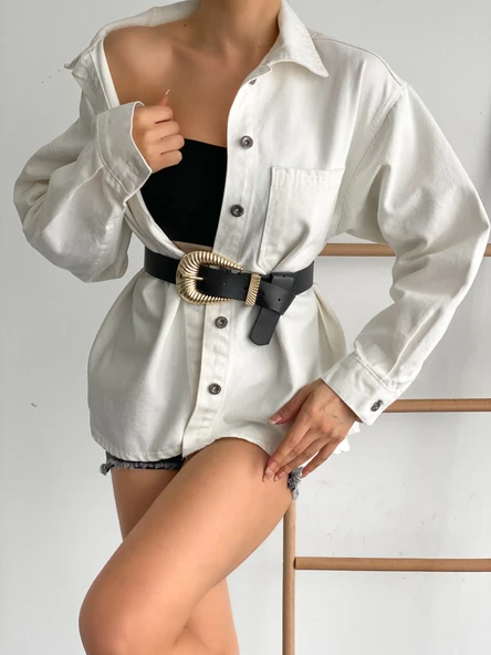 Çift Cepli Oversize Denim Gömlek Ceket - Resim 6