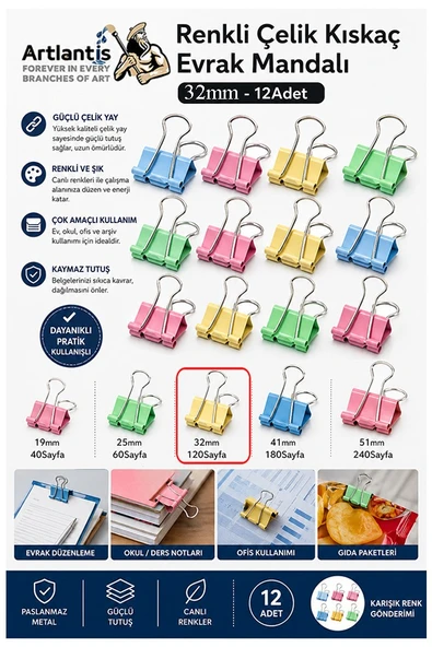 Renkli Çelik Kıskaç Klips 32 mm 12 Adet Evrak Mandalı Renkli Metal Mandal Binder Clips Kıskaç 120 Sayfa Kapasiteli ürün görseli 1