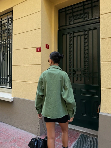 Çift Cepli Oversize Denim Gömlek Ceket - Resim 3