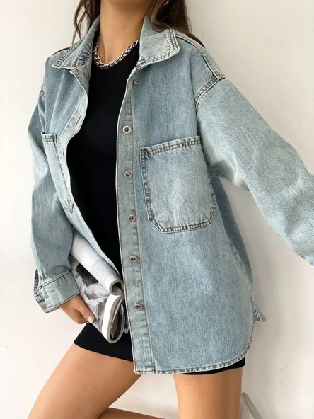 Çift Cepli Oversize Denim Gömlek Ceket - Resim 2