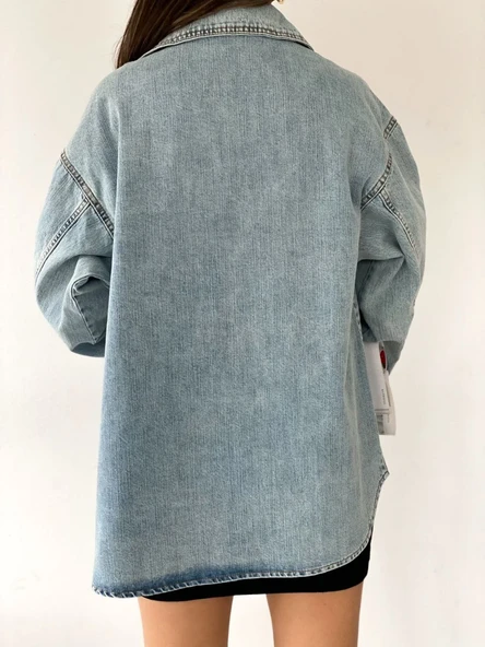 Çift Cepli Oversize Denim Gömlek Ceket - Resim 3